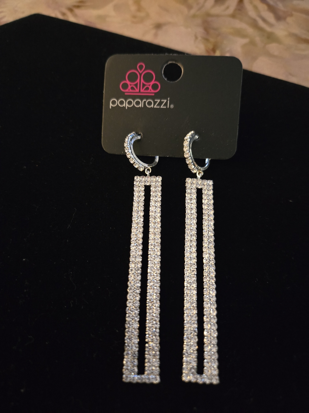 paparazzi Silver Rhinestone Double-Row Rectangle Drop Earrings